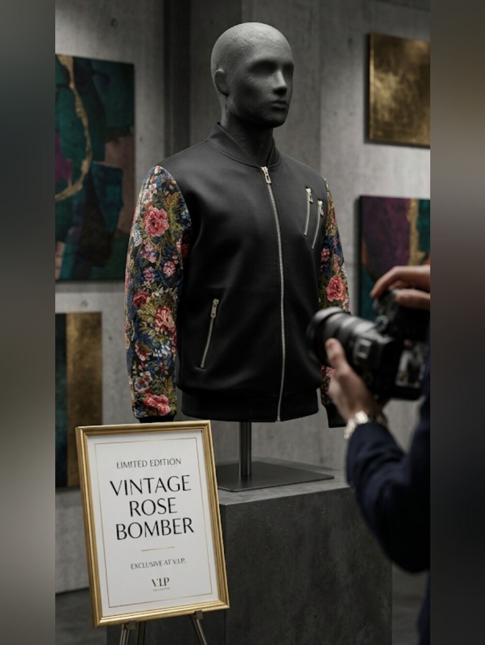 Unisex VIP Black Bomber Jacket with Floral Sleeves